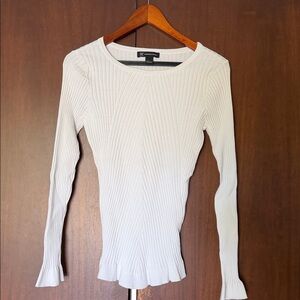INC International Concepts Cream Ribbed Scoop Neck Sweater with Ruffle Hem
